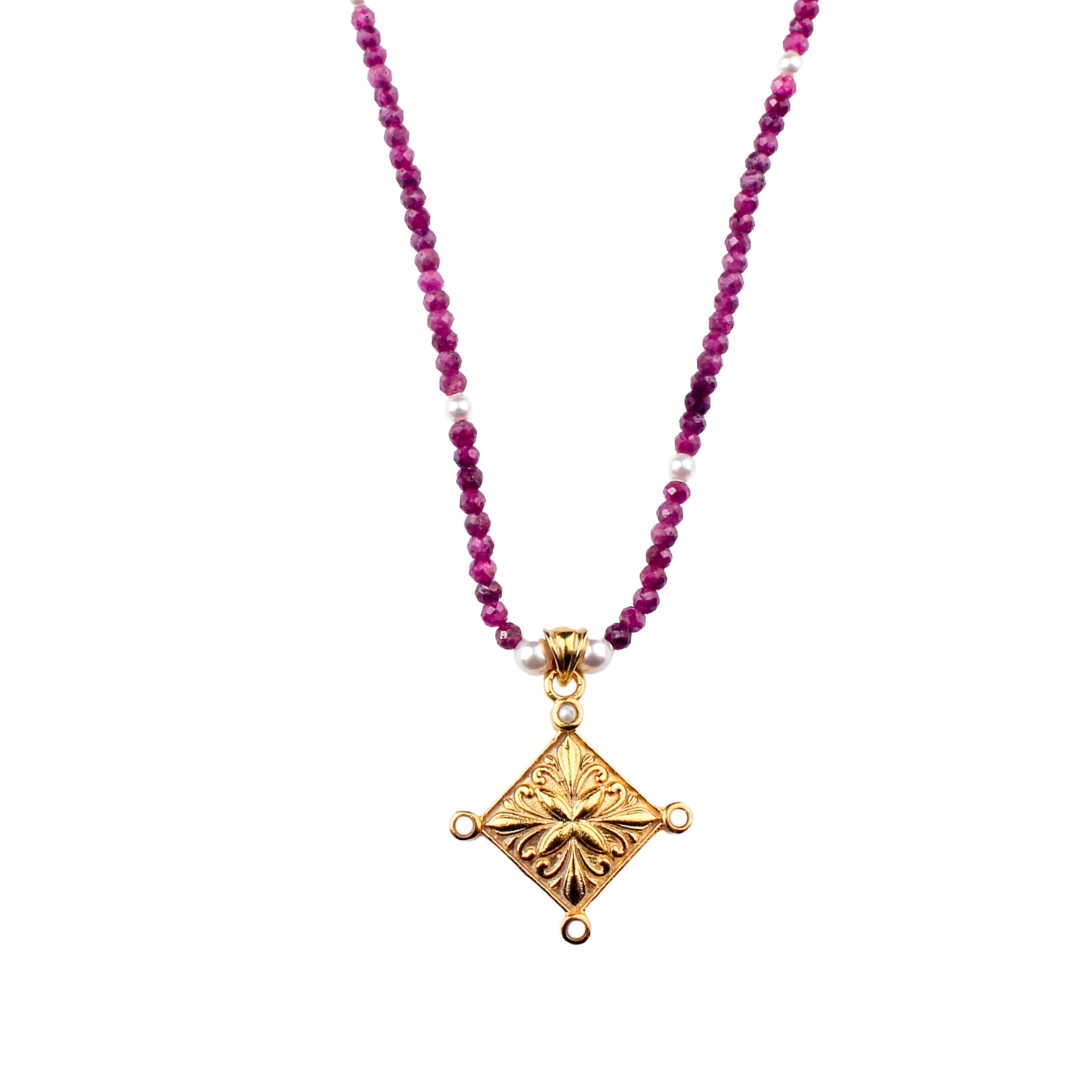 Filigree Galaxy Necklace with Rubies & Pearls | 22K Gold-Plated