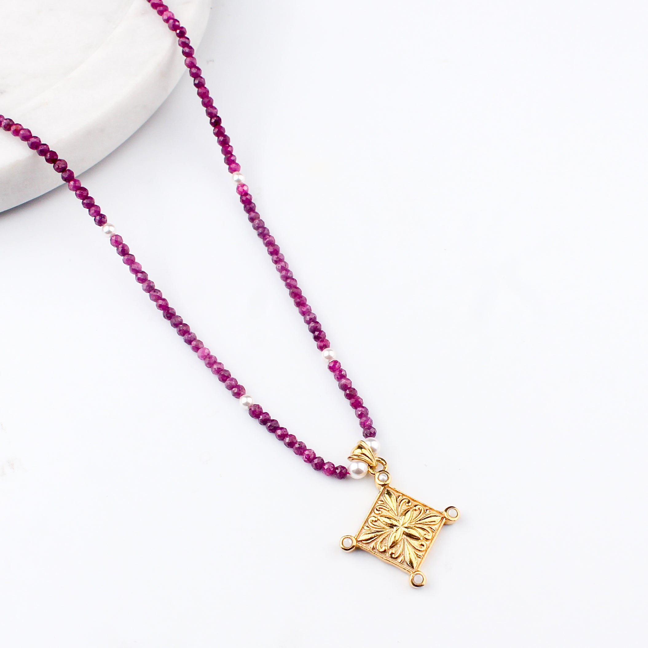 Filigree Galaxy Necklace with Rubies & Pearls | 22K Gold-Plated