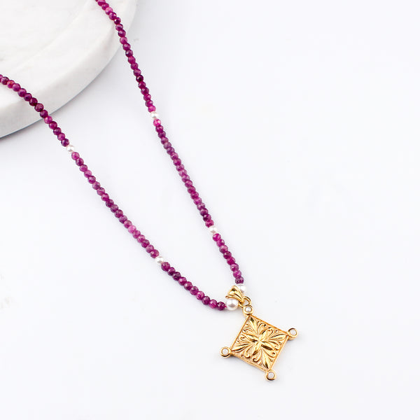 Filigree Galaxy Necklace with Rubies & Pearls | 22K Gold-Plated