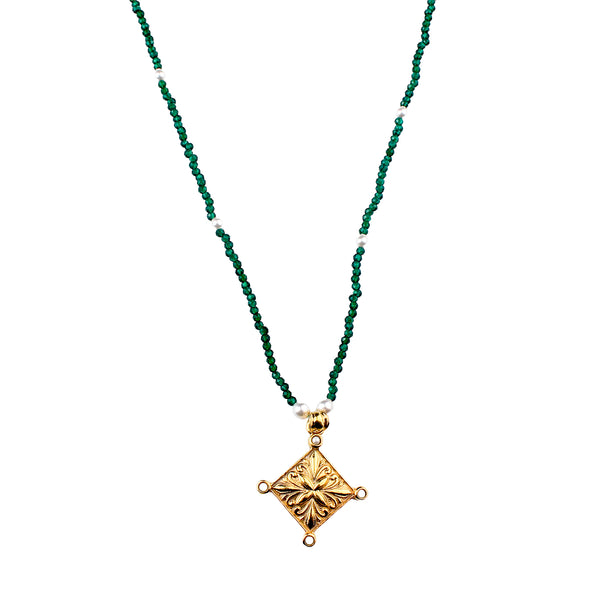 Filigree Galaxy Necklace with Green Onyx & Pearls | 22K Gold-Plated