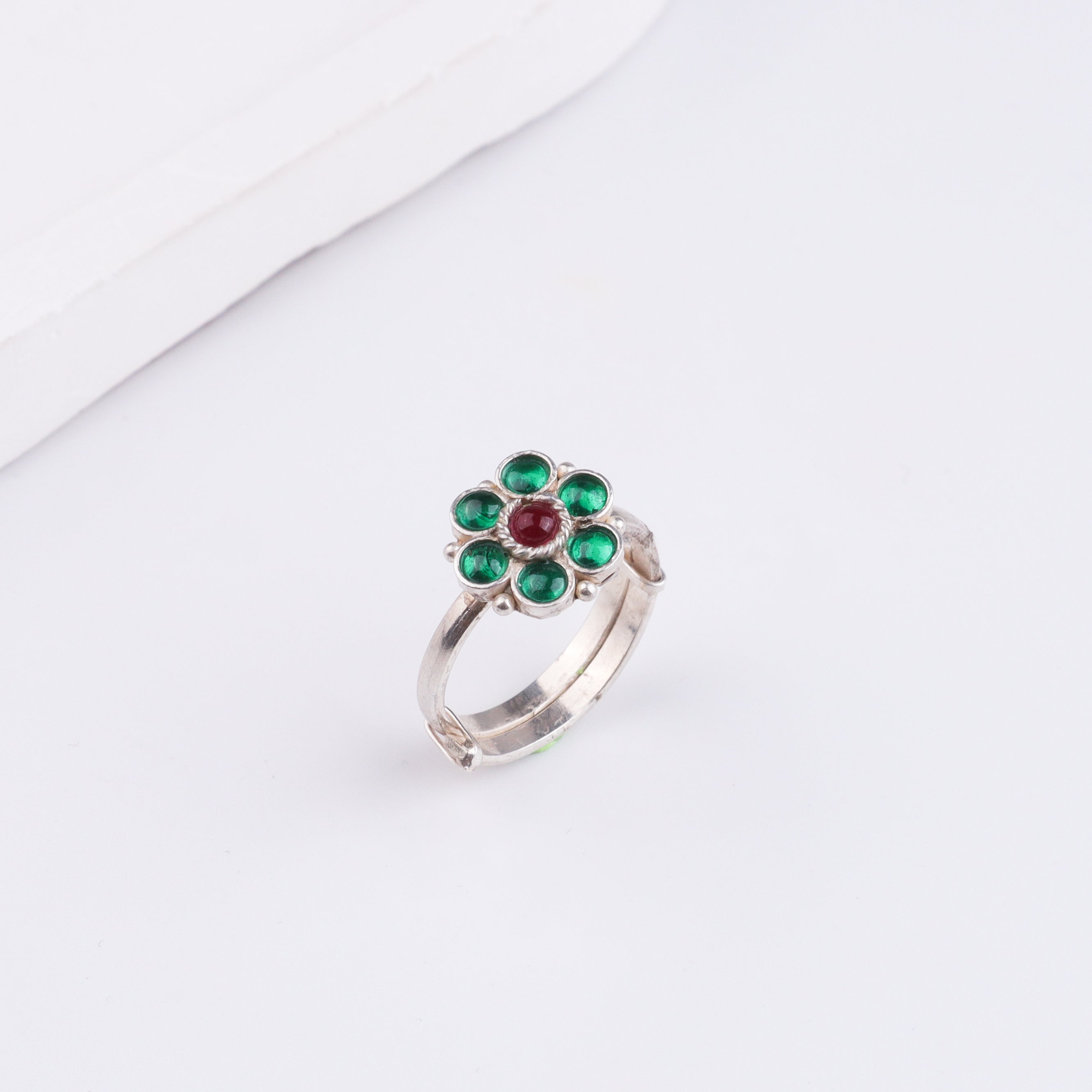 Bageecha Green Flower Ring | 92.5 Silver | Kempu stones