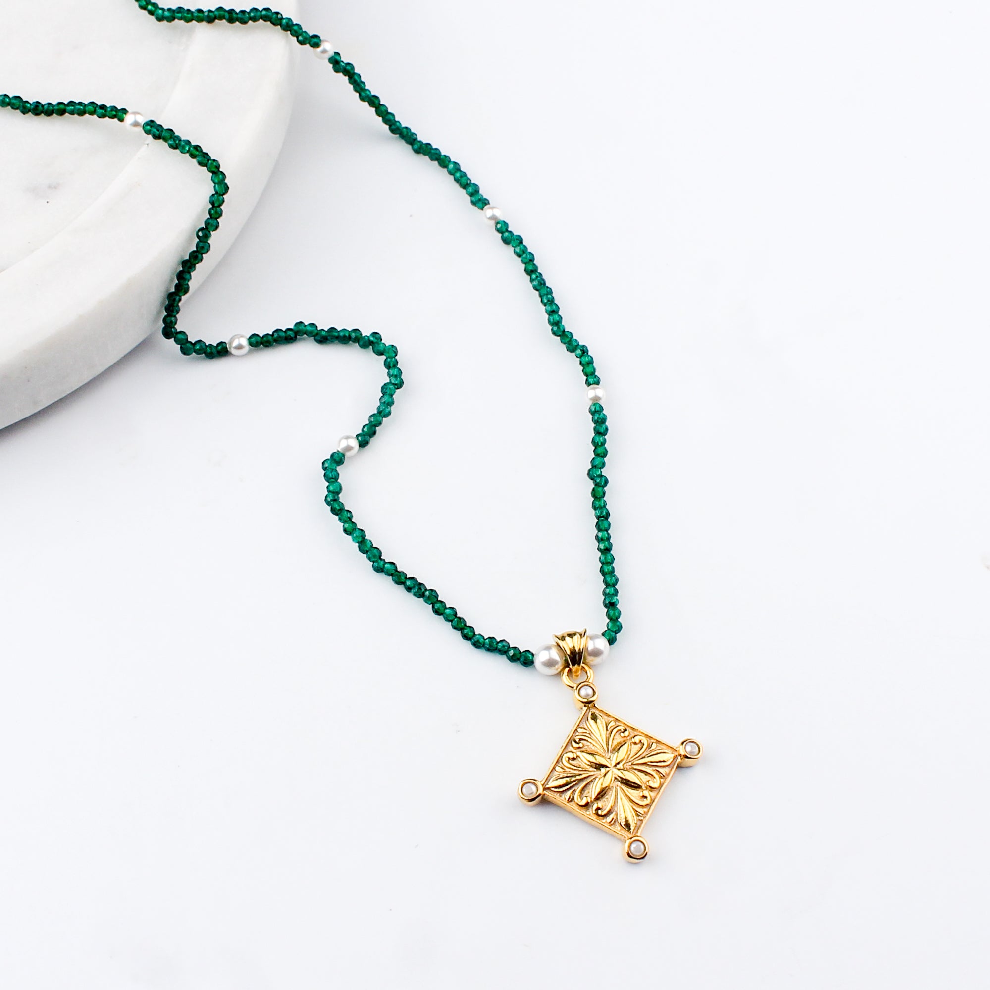 Filigree Galaxy Necklace with Green Onyx & Pearls | 22K Gold-Plated