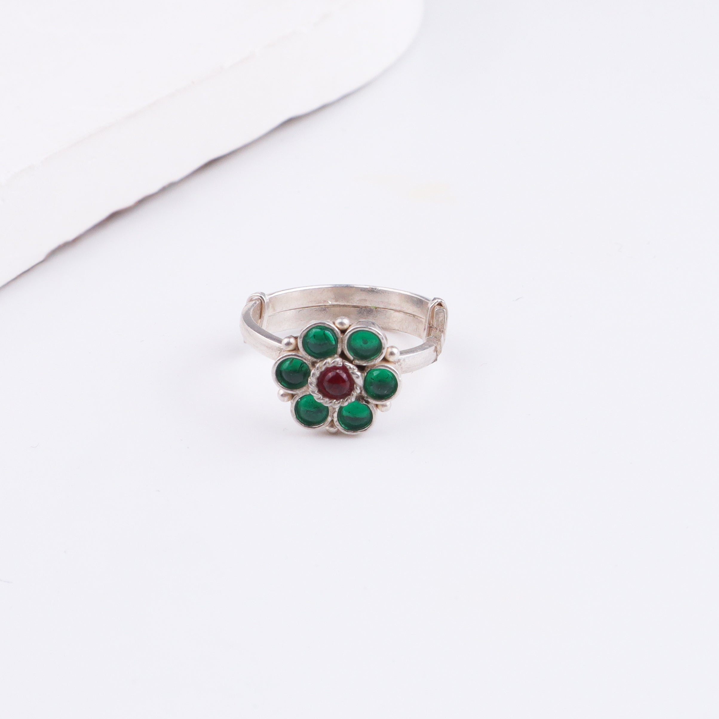 Bageecha Green Flower Ring | 92.5 Silver | Kempu stones