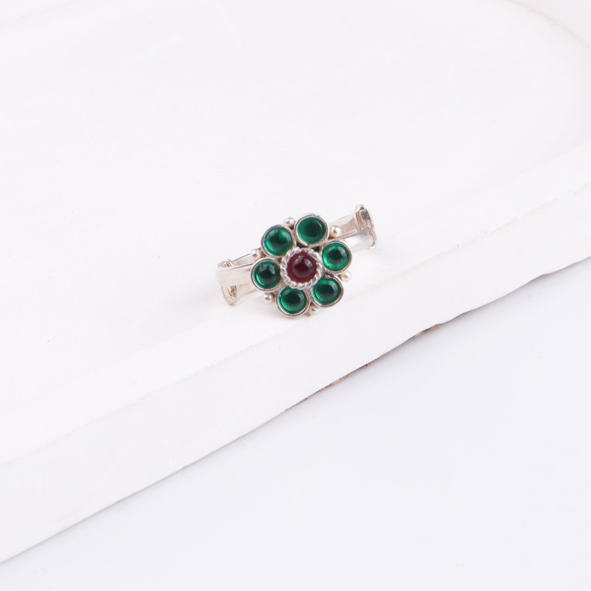 Bageecha Green Flower Ring | 92.5 Silver | Kempu stones