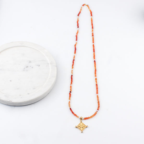 Filigree Galaxy Necklace with Carnelian & Pearls | 22K Gold-Plated