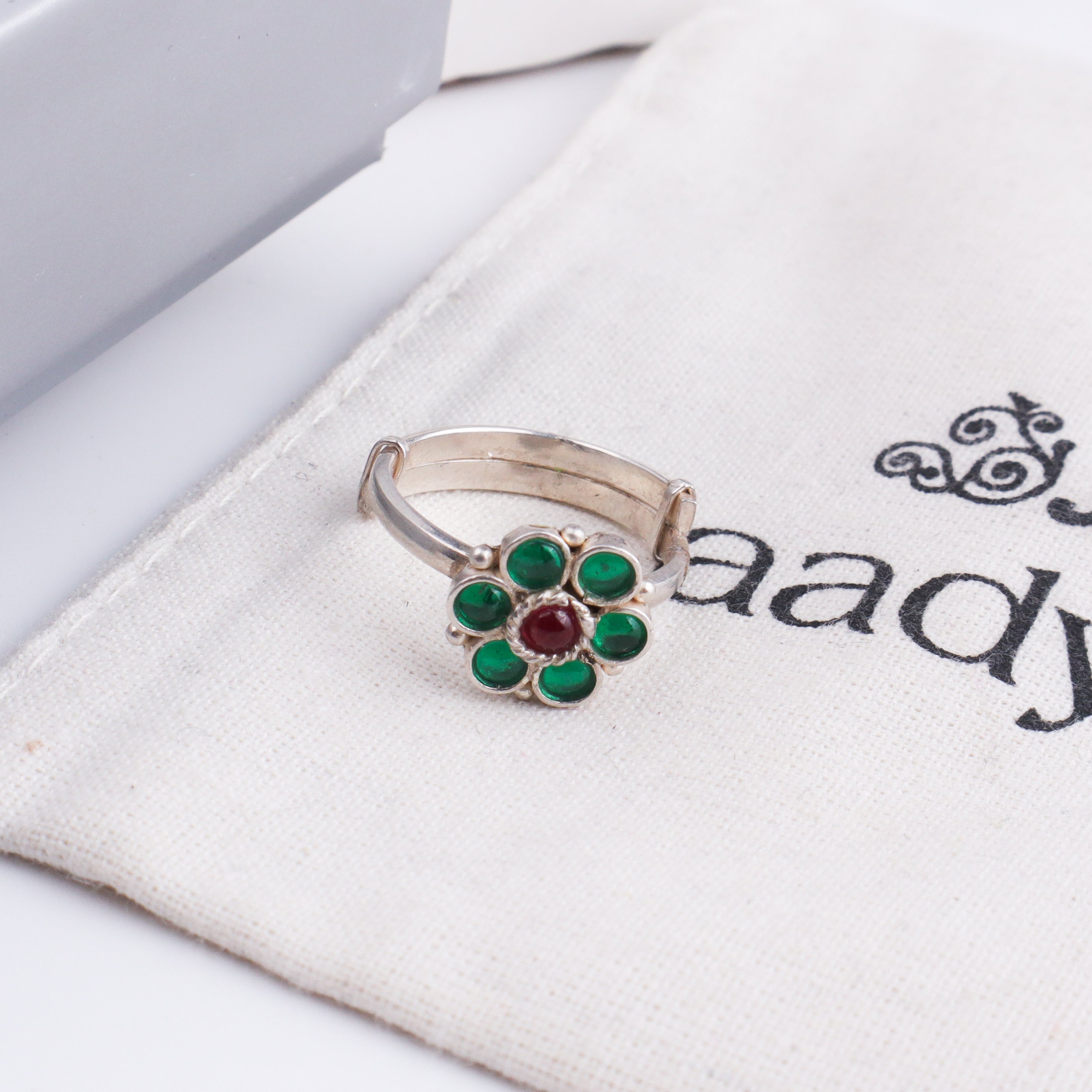 Bageecha Green Flower Ring | 92.5 Silver | Kempu stones