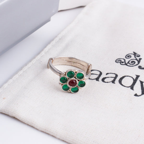 Bageecha Green Flower Ring | 92.5 Silver | Kempu stones