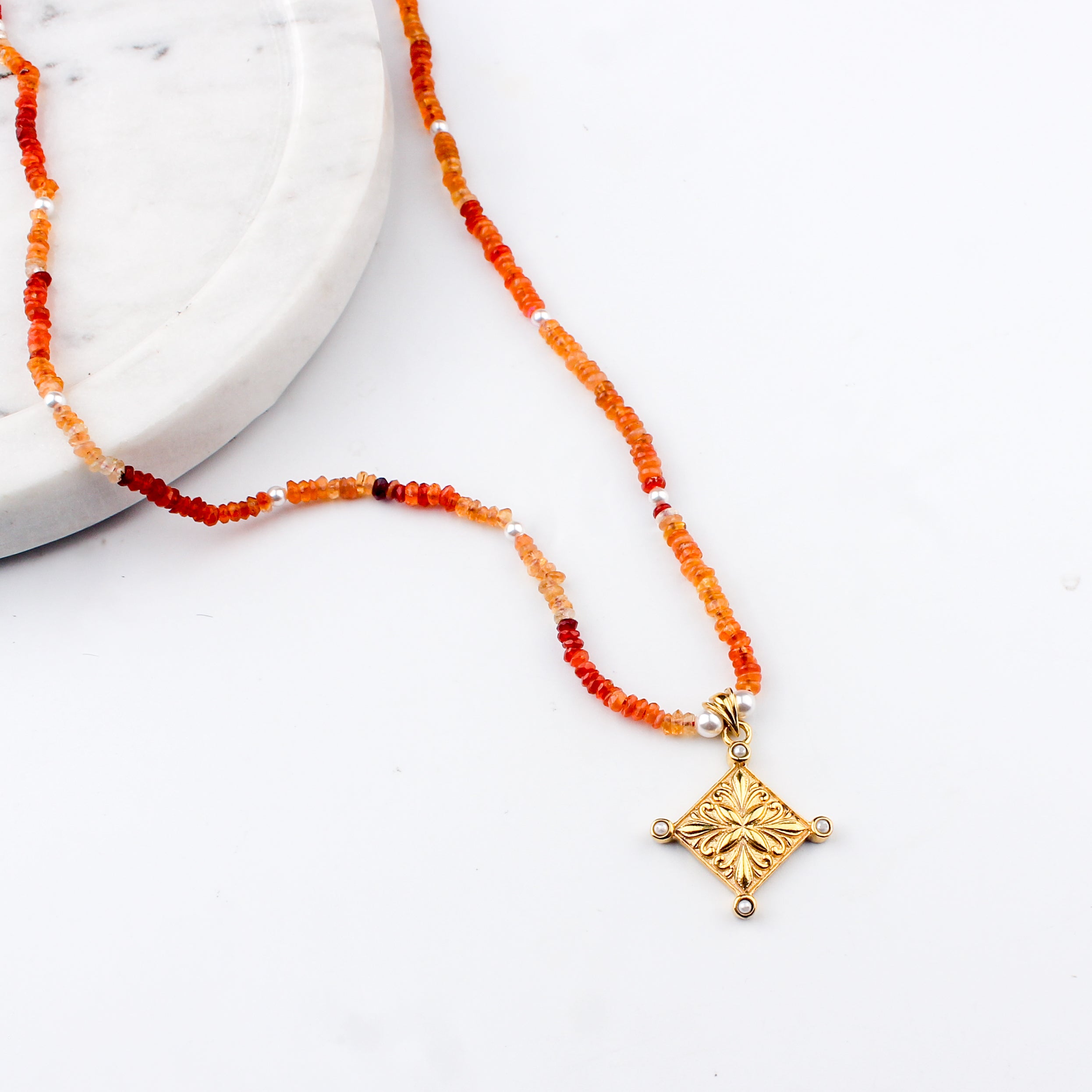Filigree Galaxy Necklace with Carnelian & Pearls | 22K Gold-Plated