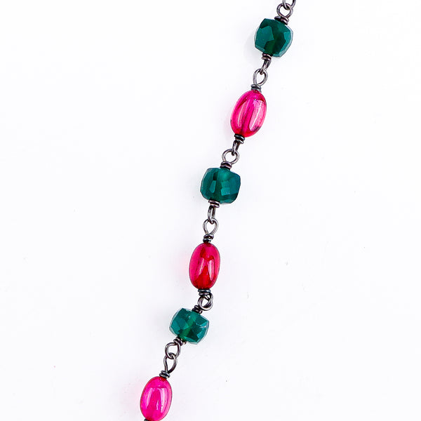 Straight and slant Necklace with Garnets and Green Onyx ( Long Chain Pendant )