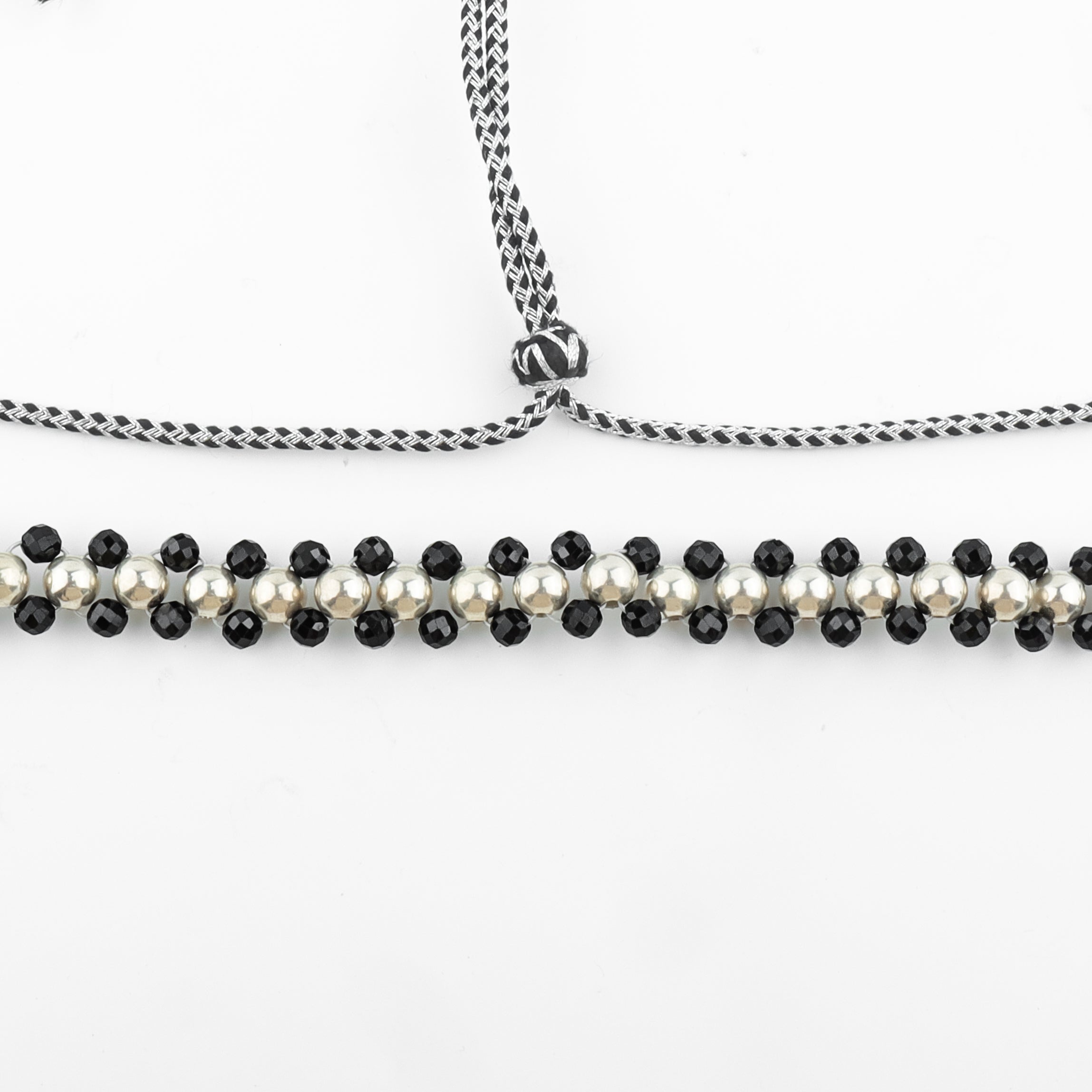 Silver Bead Thushi Set with black Spinel