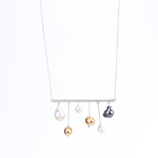 Detail shot highlighting free-form silver design and pearl lustre