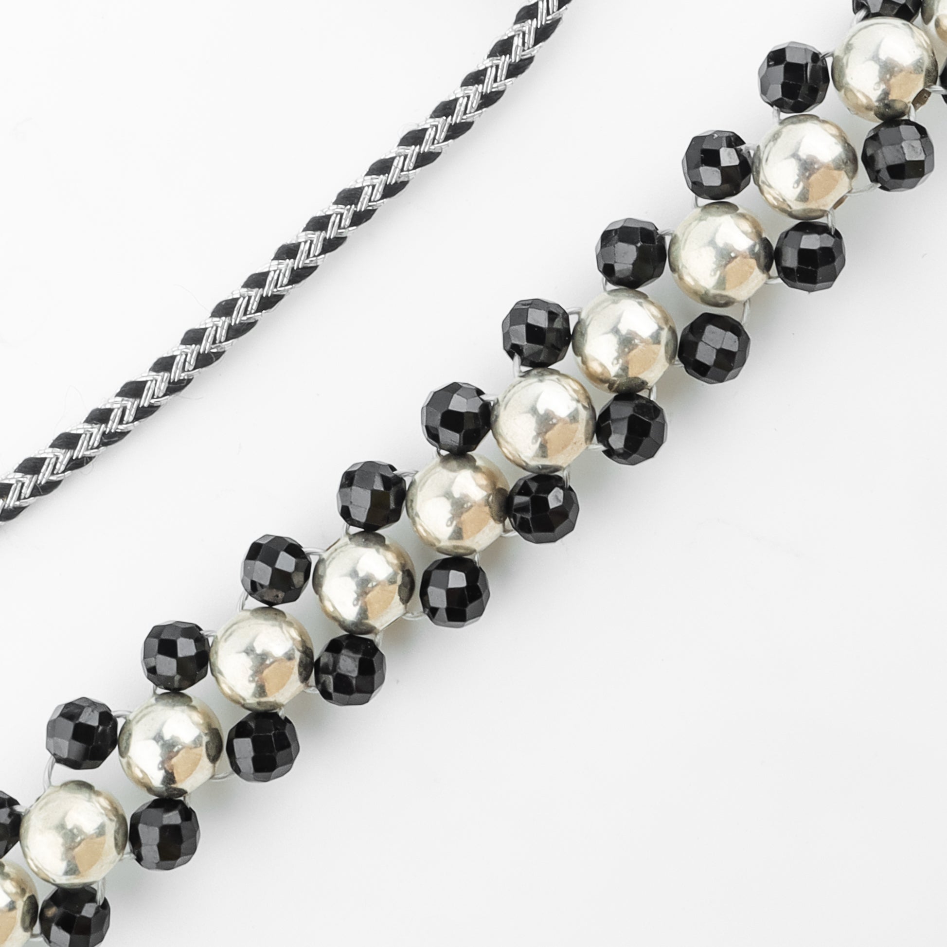 Silver Bead Thushi Set with black Spinel