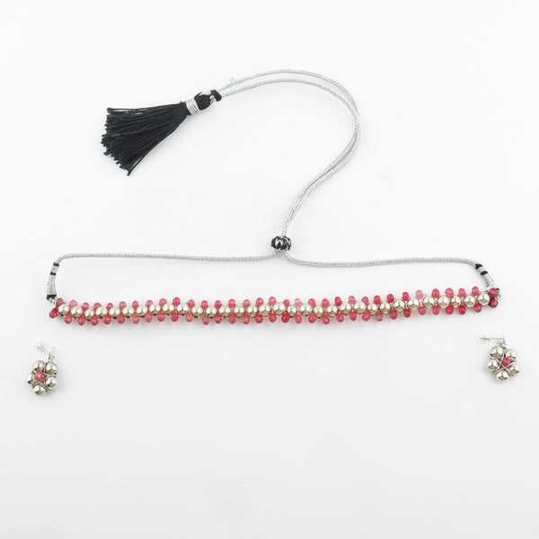Close-up of Silver Bead Thushi Set with cherry quartz detail