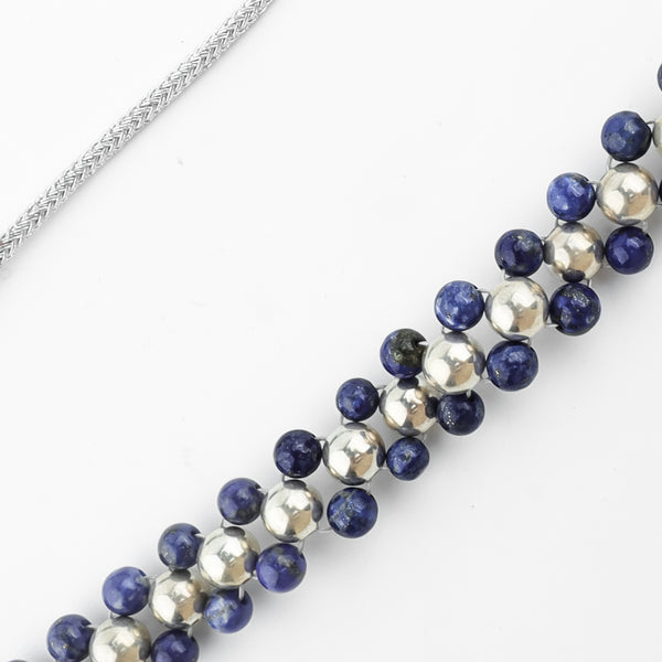 Close-up of Silver Bead Thushi Set with lapis lazuli detail