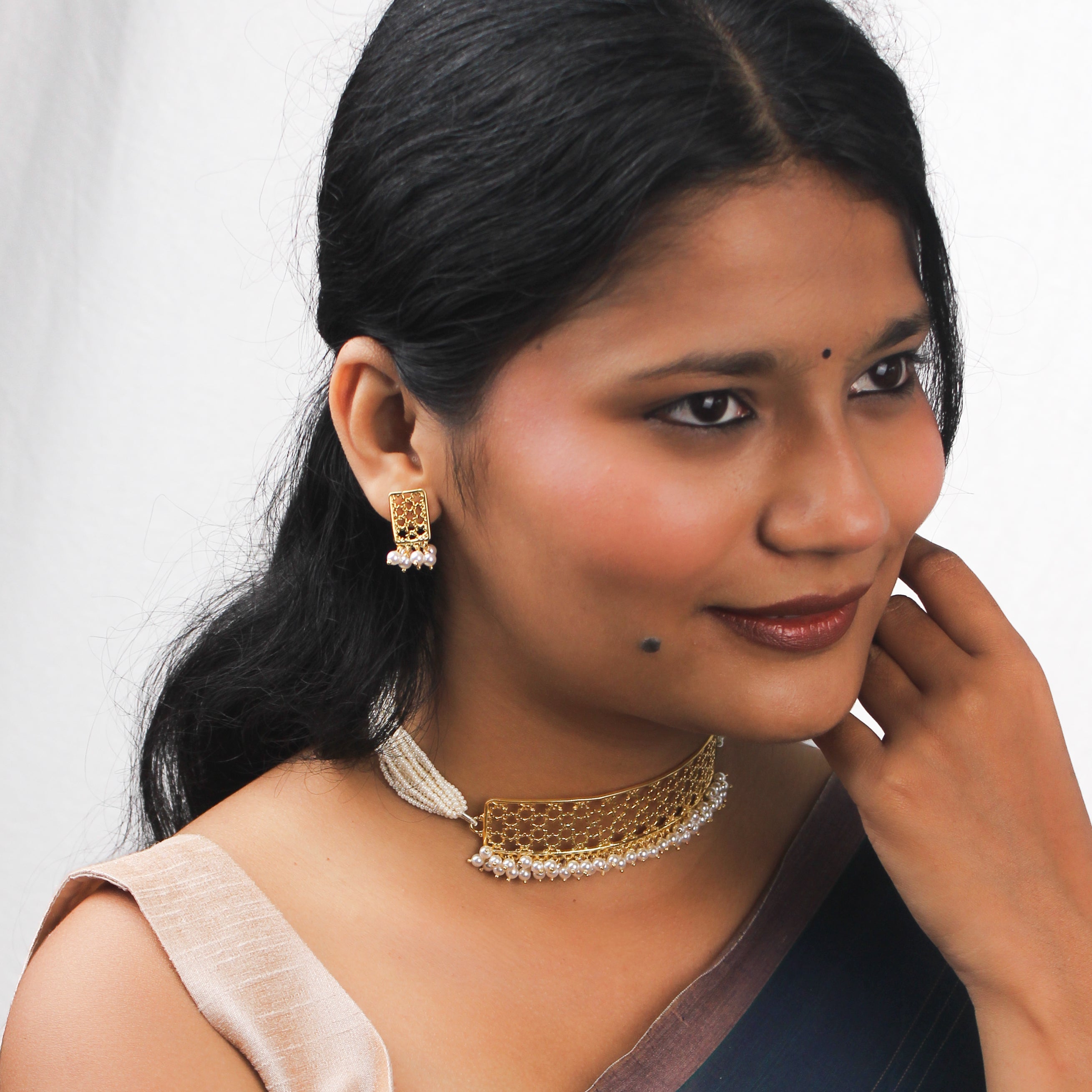 Silver Filigree Choker Set with Pearls | 22K Gold-Plated