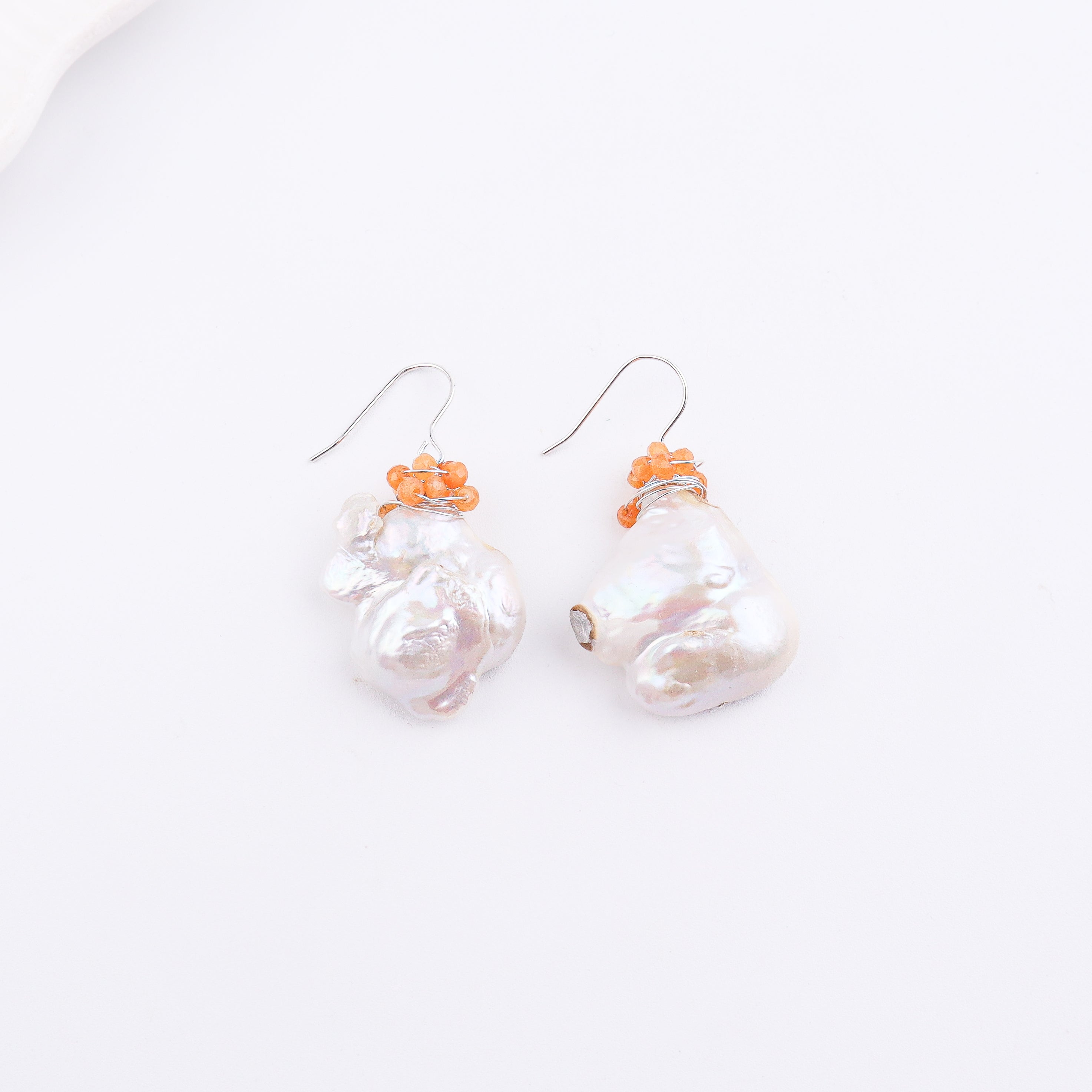 Baroque Pearl & Orange Agate Silver Earrings (Project Handmade)