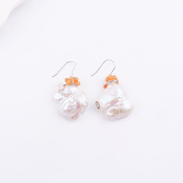 Baroque Pearl & Orange Agate Silver Earrings (Project Handmade)