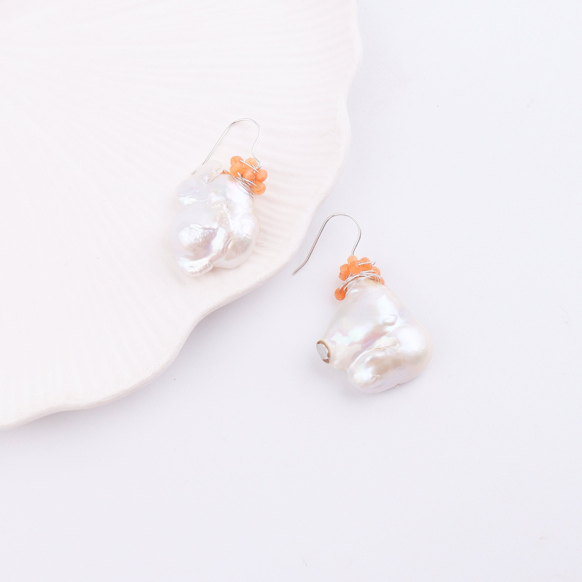 Baroque Pearl & Orange Agate Silver Earrings (Project Handmade)
