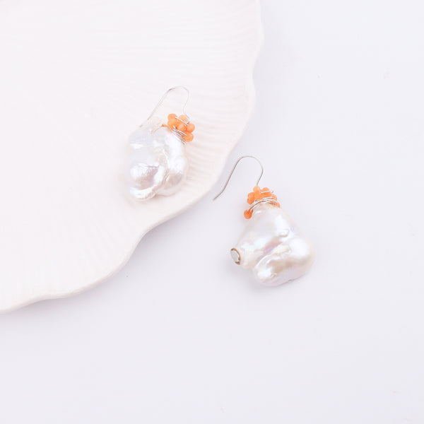 Baroque Pearl & Orange Agate Silver Earrings (Project Handmade)