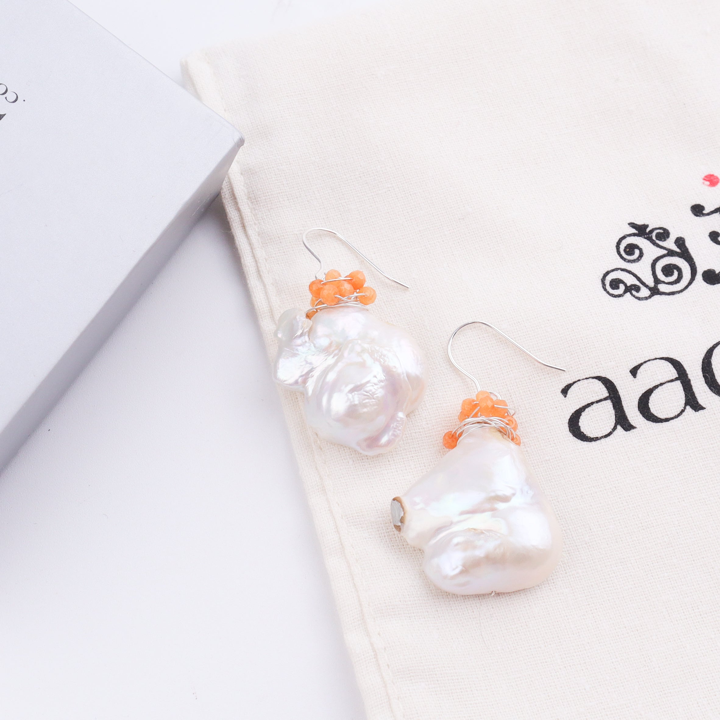 Baroque Pearl & Orange Agate Silver Earrings (Project Handmade)