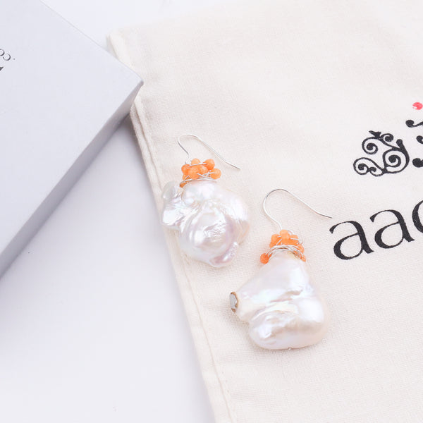 Baroque Pearl & Orange Agate Silver Earrings (Project Handmade)