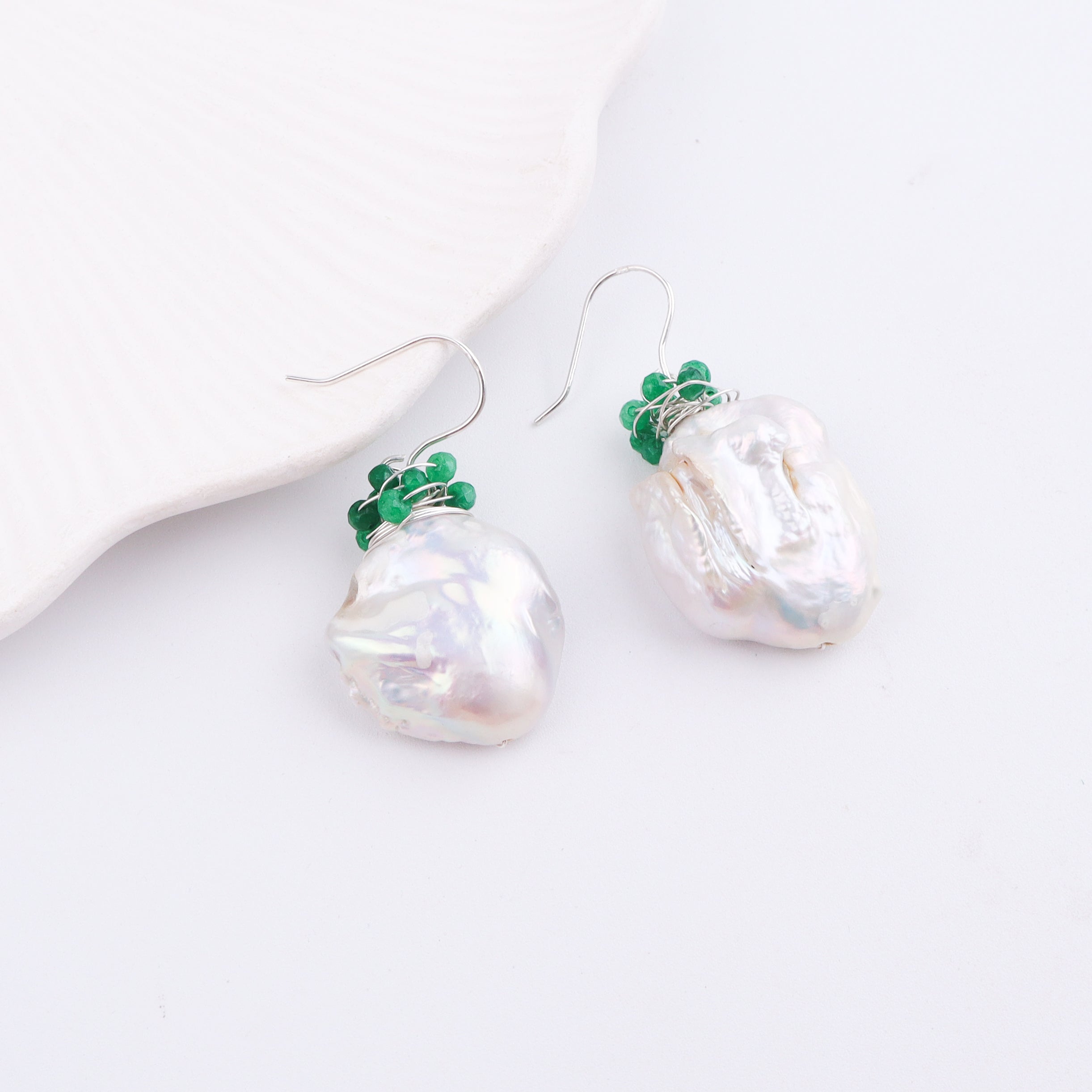 Baroque Pearl & Green Agate Silver Earrings (Project Handmade)