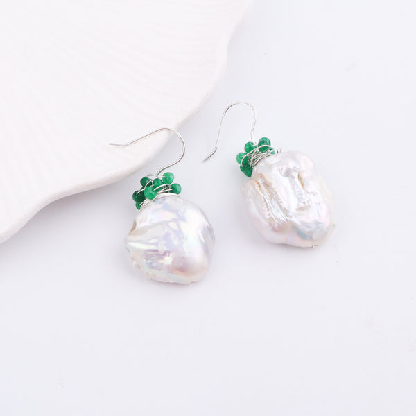 Baroque Pearl & Green Agate Silver Earrings (Project Handmade)