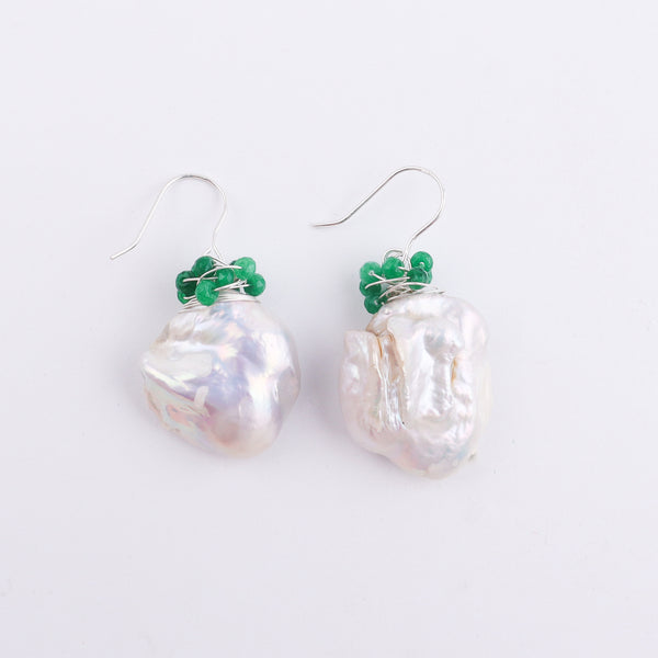 Baroque Pearl & Green Agate Silver Earrings (Project Handmade)