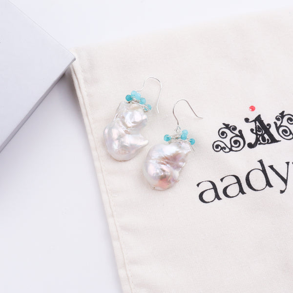 Baroque Pearl & Lace Blue Agate Silver Earrings (Project Handmade)