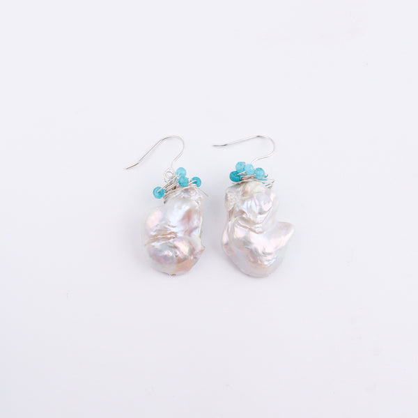 Baroque Pearl & Lace Blue Agate Silver Earrings (Project Handmade)
