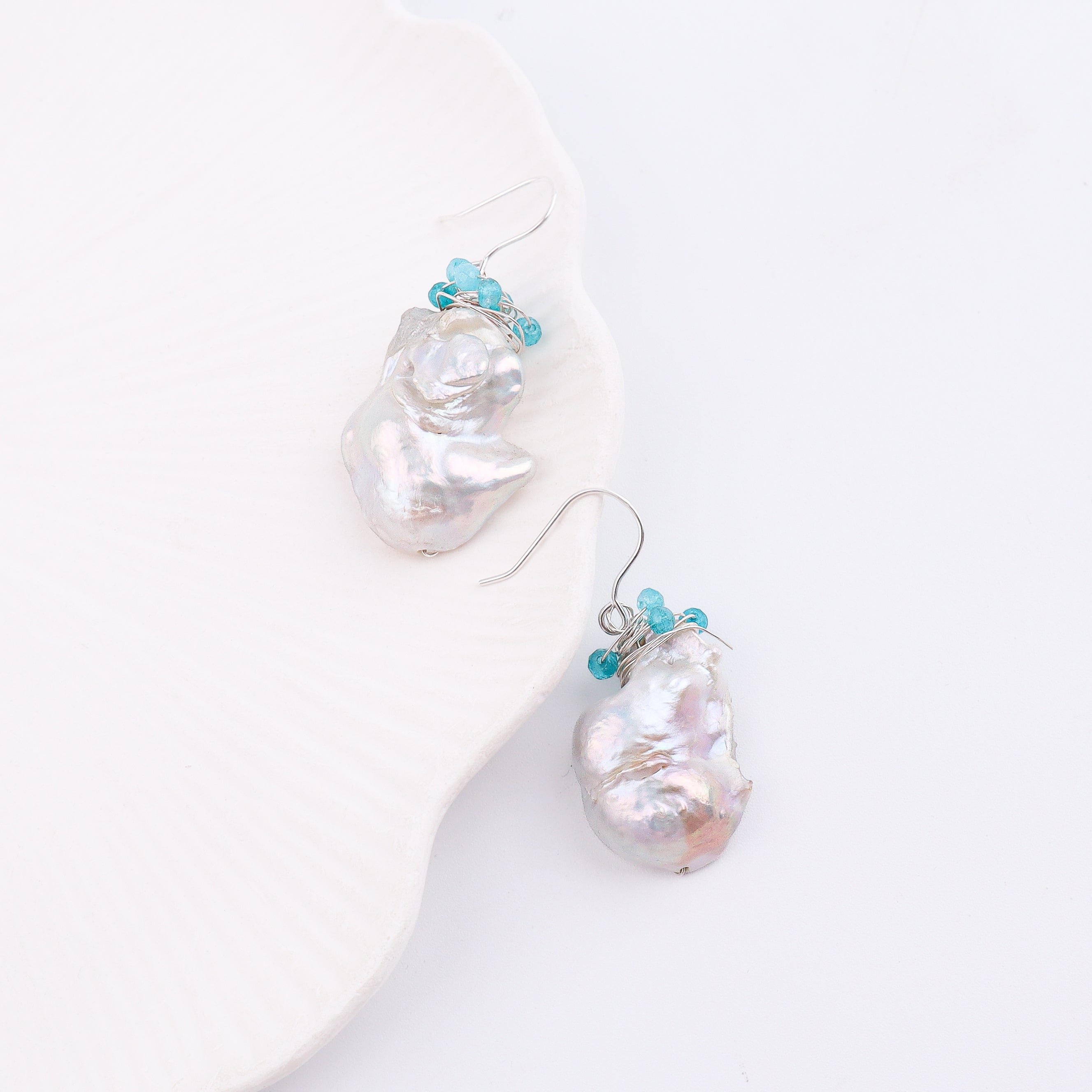 Baroque Pearl & Lace Blue Agate Silver Earrings (Project Handmade)