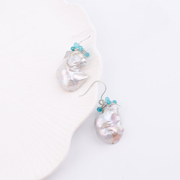 Baroque Pearl & Lace Blue Agate Silver Earrings (Project Handmade)
