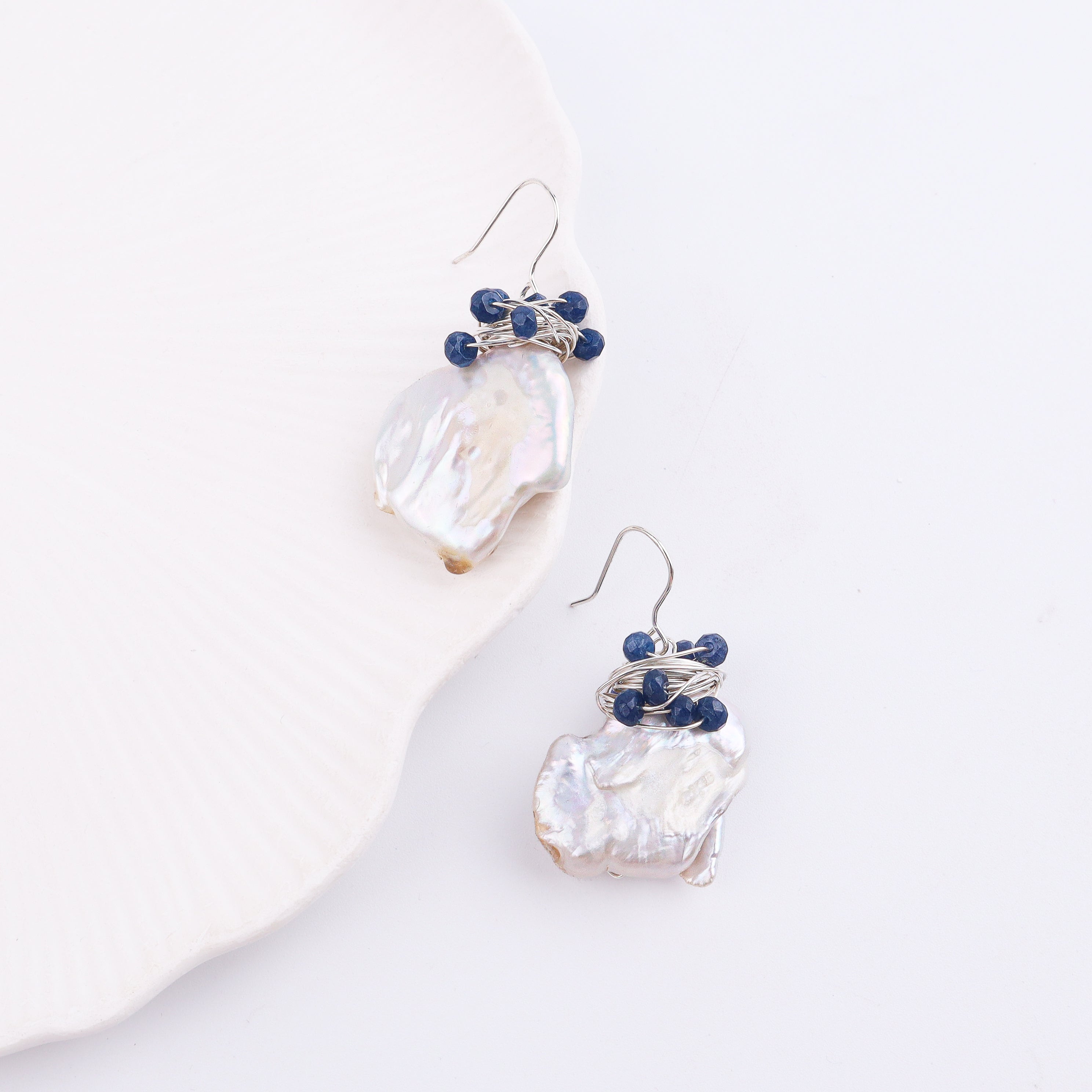 Baroque Pearl & Blue Agate Silver Earrings (Project Handmade)