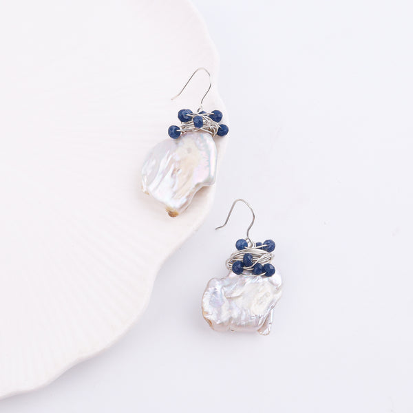 Baroque Pearl & Blue Agate Silver Earrings (Project Handmade)