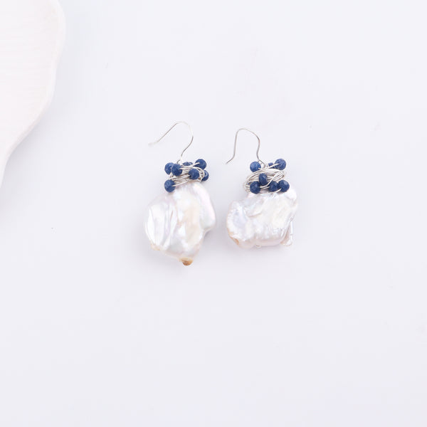 Baroque Pearl & Blue Agate Silver Earrings (Project Handmade)