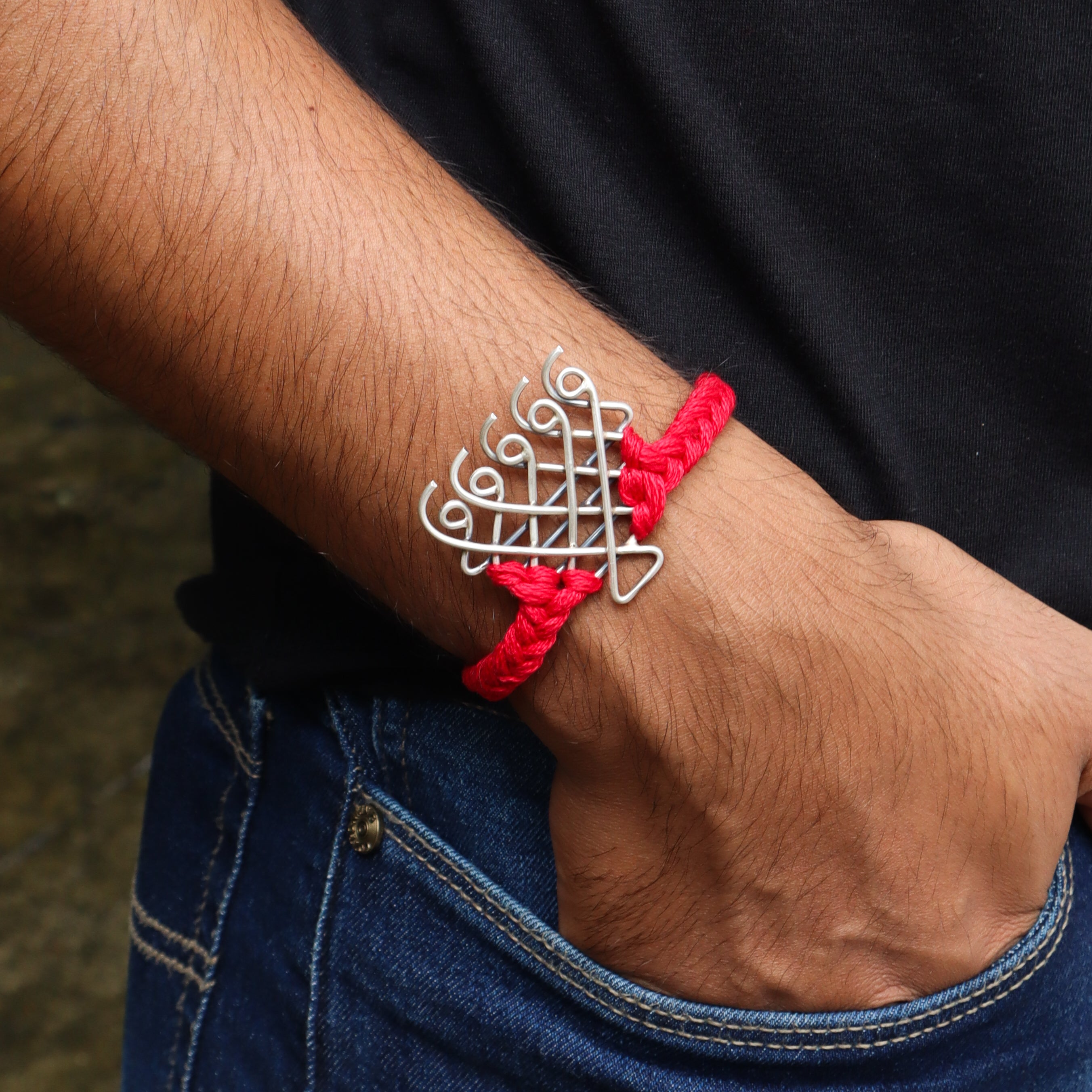 Silver Saraswati Bracelet for Men / Women with Red Thread ( Motif size : Medium )