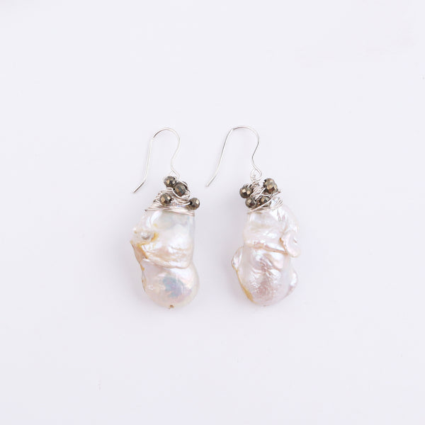 Baroque Pearl & Pyrite Silver Earrings (Project Handmade)