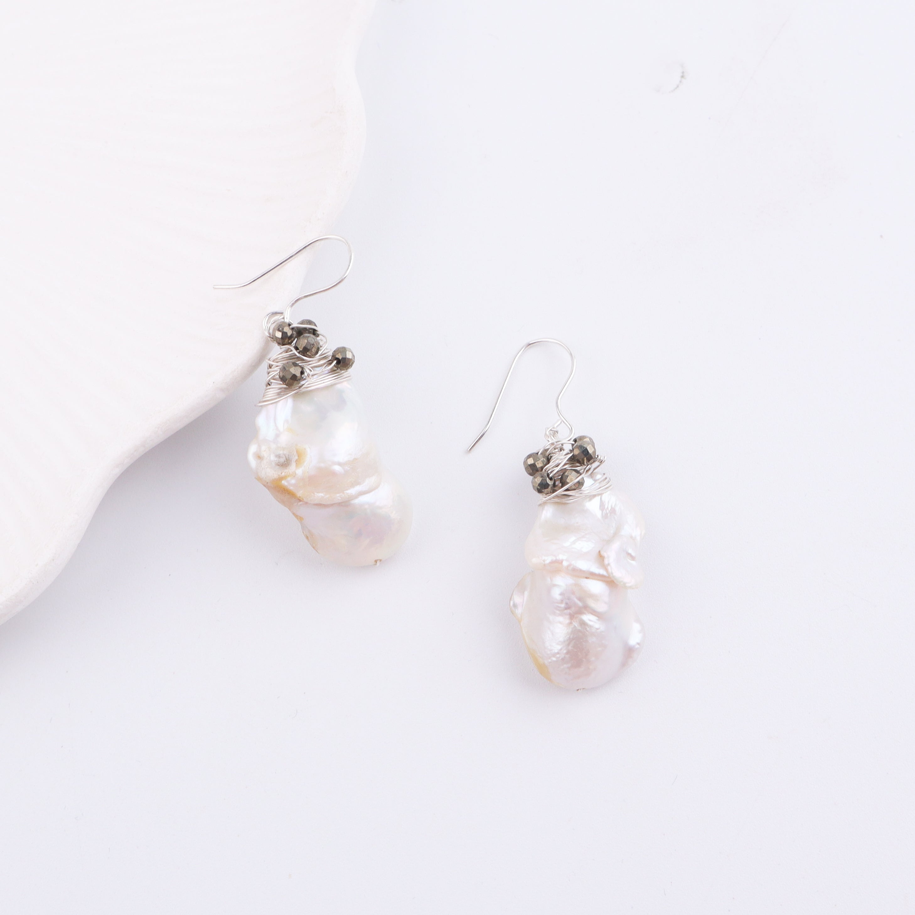 Baroque Pearl & Pyrite Silver Earrings (Project Handmade)