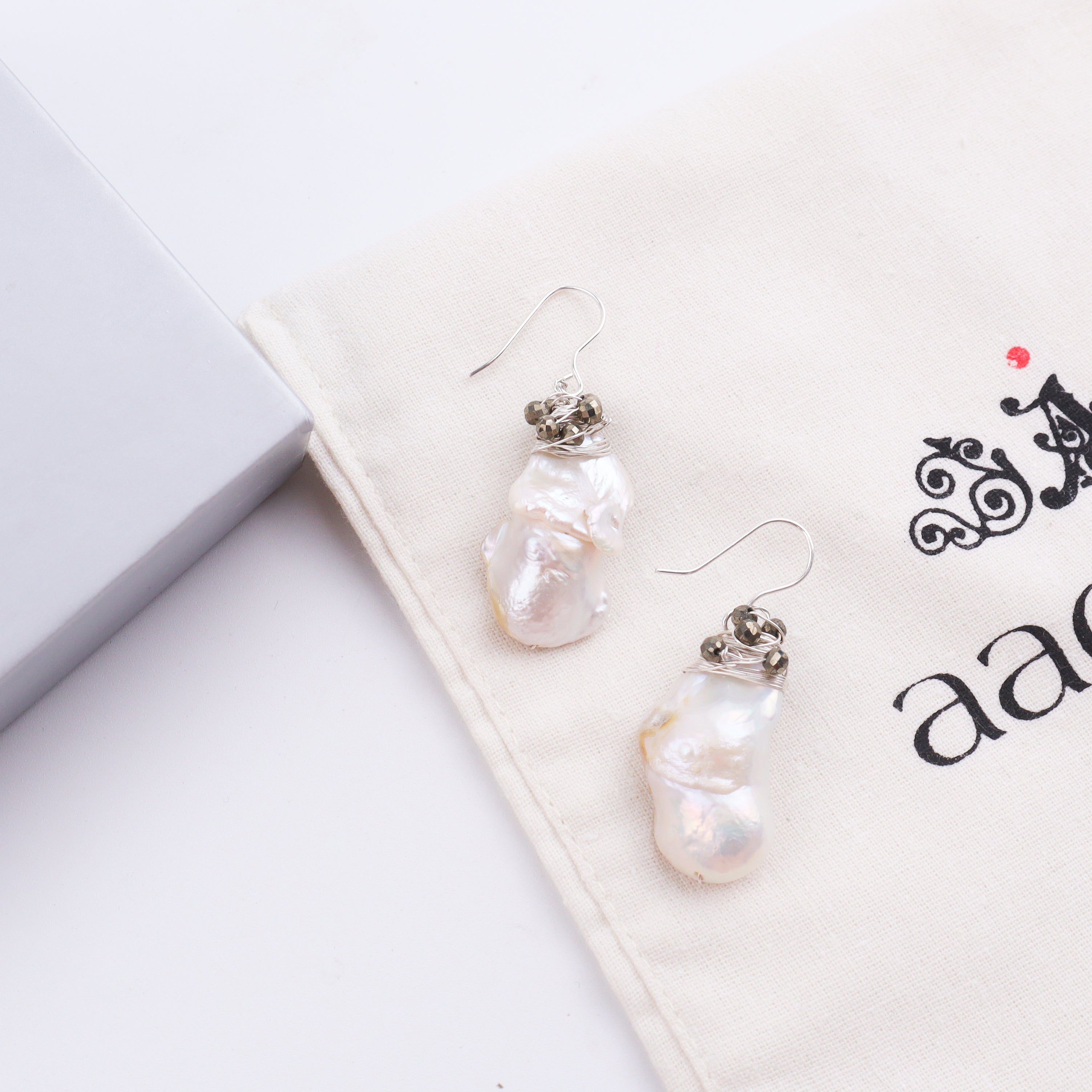 Baroque Pearl & Pyrite Silver Earrings (Project Handmade)