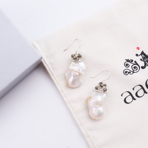 Baroque Pearl & Pyrite Silver Earrings (Project Handmade)