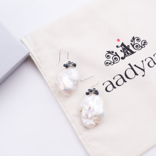 Baroque Pearl & Black Agate Silver Earrings (Project Handmade)