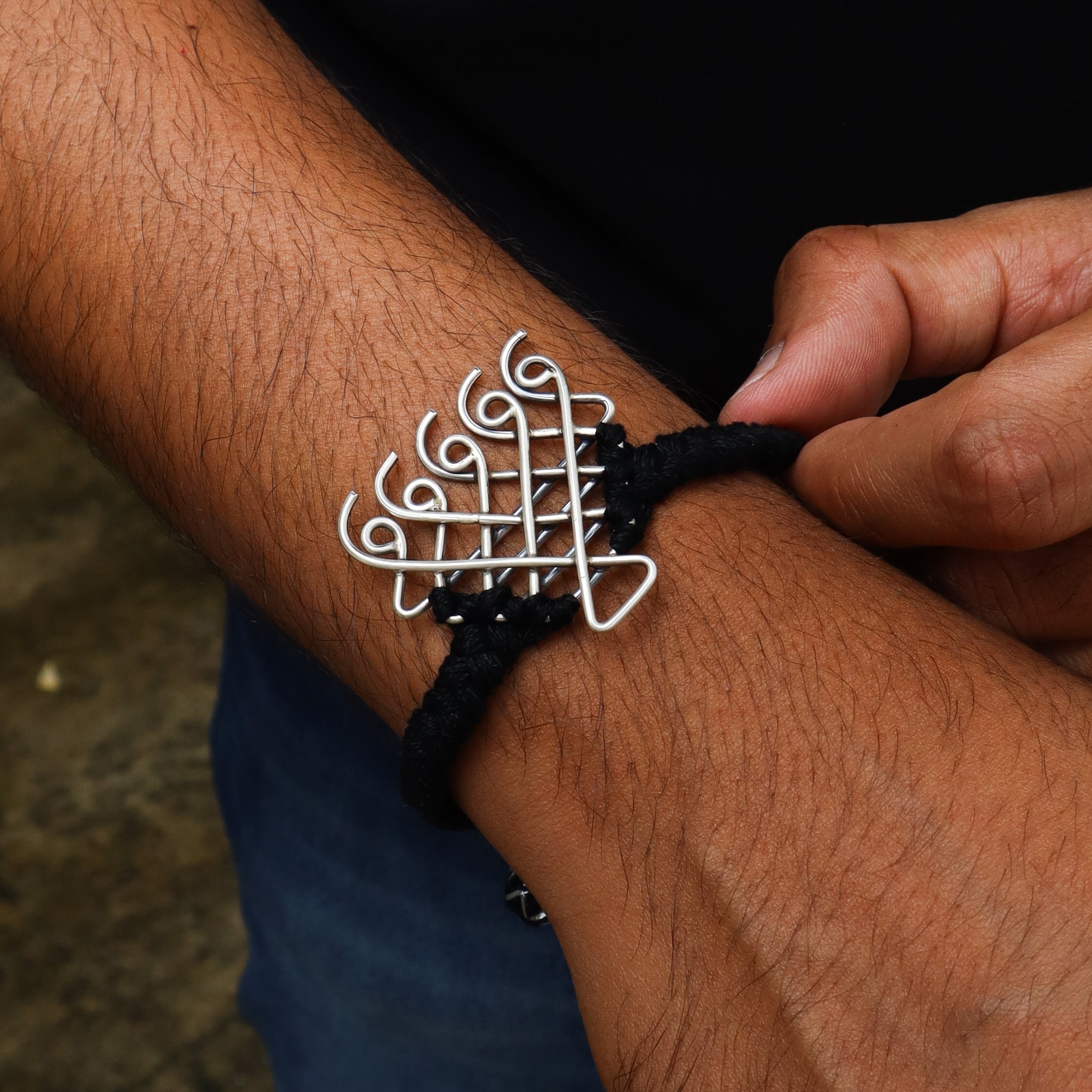 Silver Saraswati Bracelet for Men / Women with Black Thread ( Motif size : Medium )