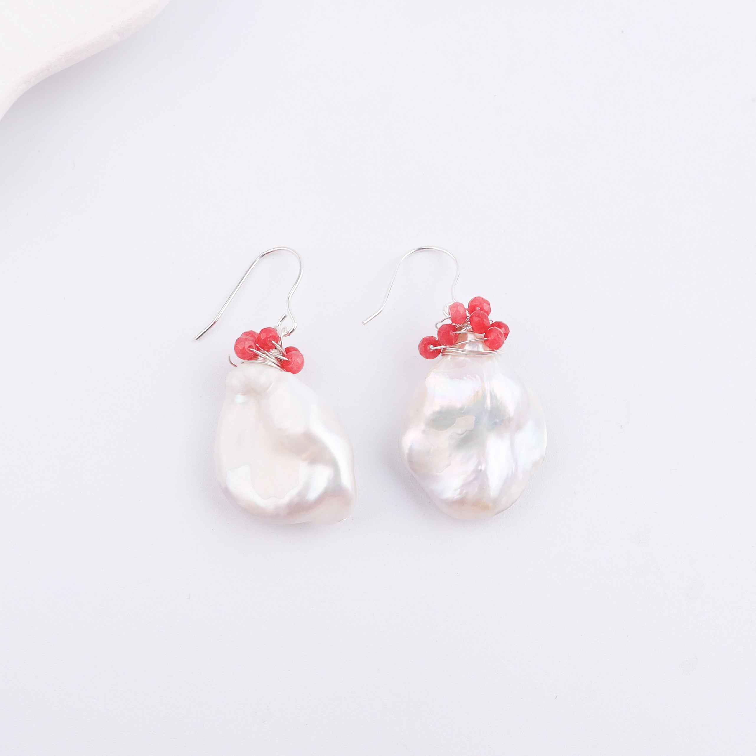 Baroque Pearl & Red Agate Silver Earrings (Project Handmade)