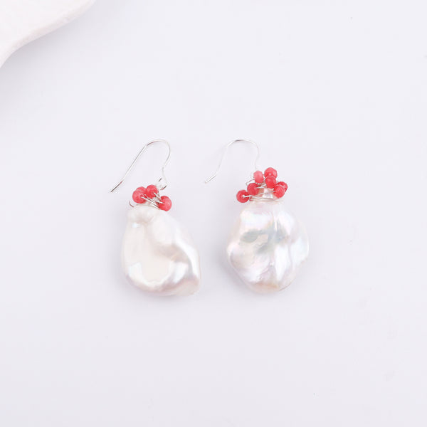 Baroque Pearl & Red Agate Silver Earrings (Project Handmade)
