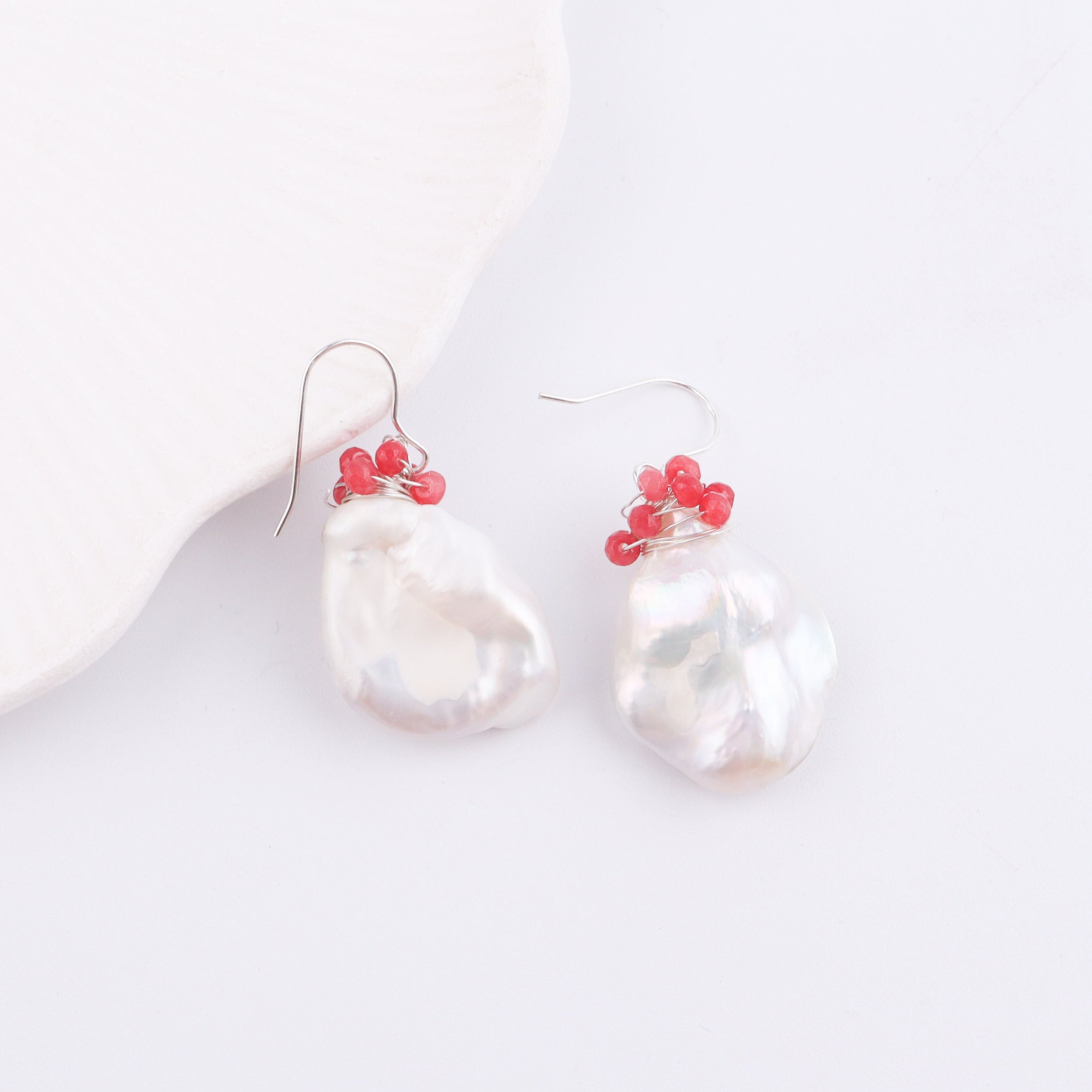 Baroque Pearl & Red Agate Silver Earrings (Project Handmade)