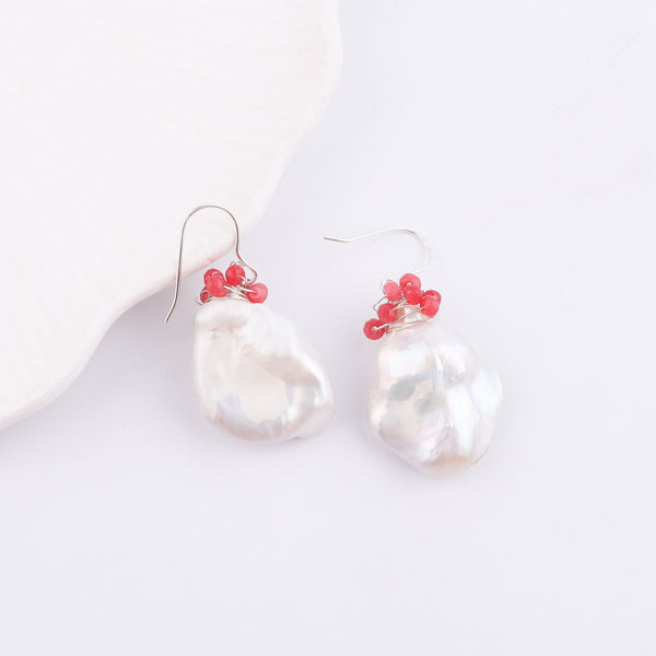 Baroque Pearl & Red Agate Silver Earrings (Project Handmade)