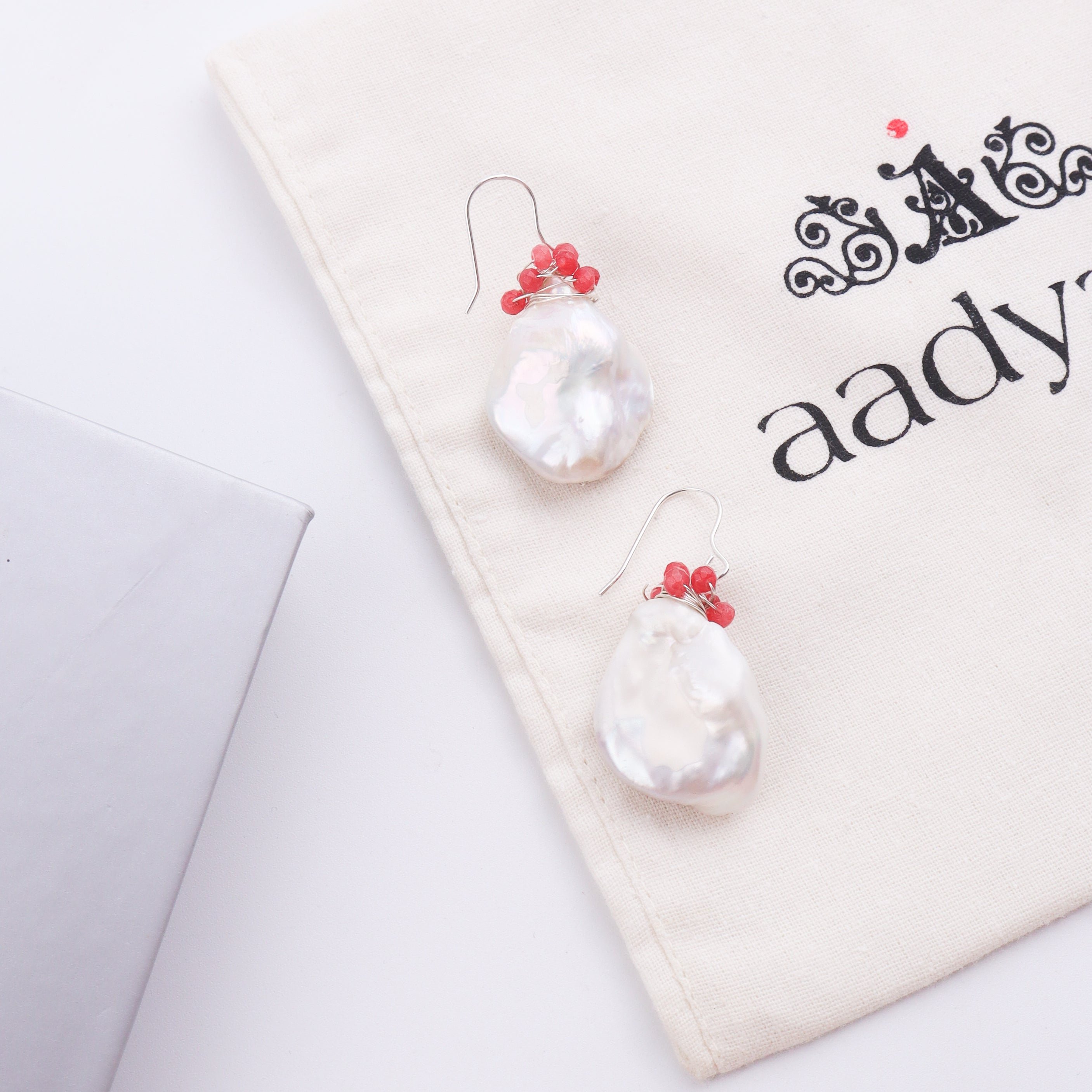Baroque Pearl & Red Agate Silver Earrings (Project Handmade)