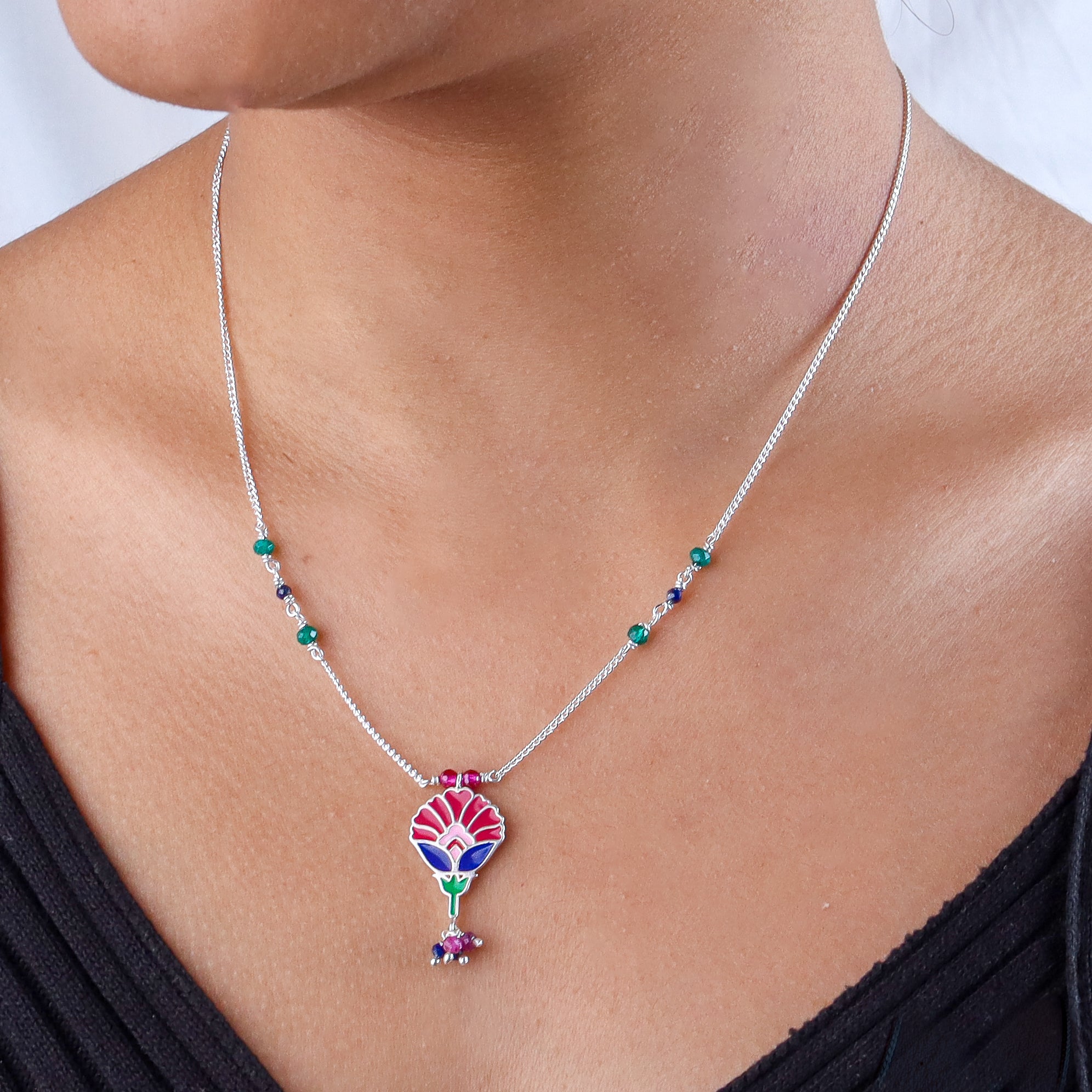 Enamel Flower Necklace with Latkan
