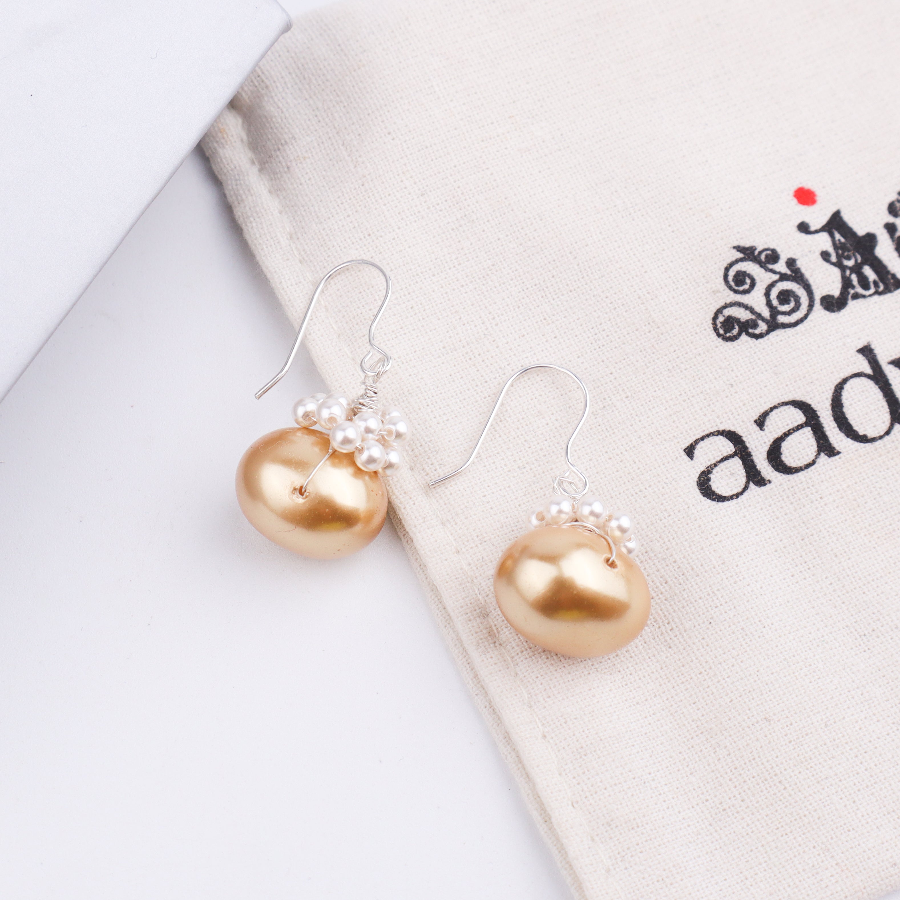 White & Golden Pearls Silver Earrings (Project Handmade)