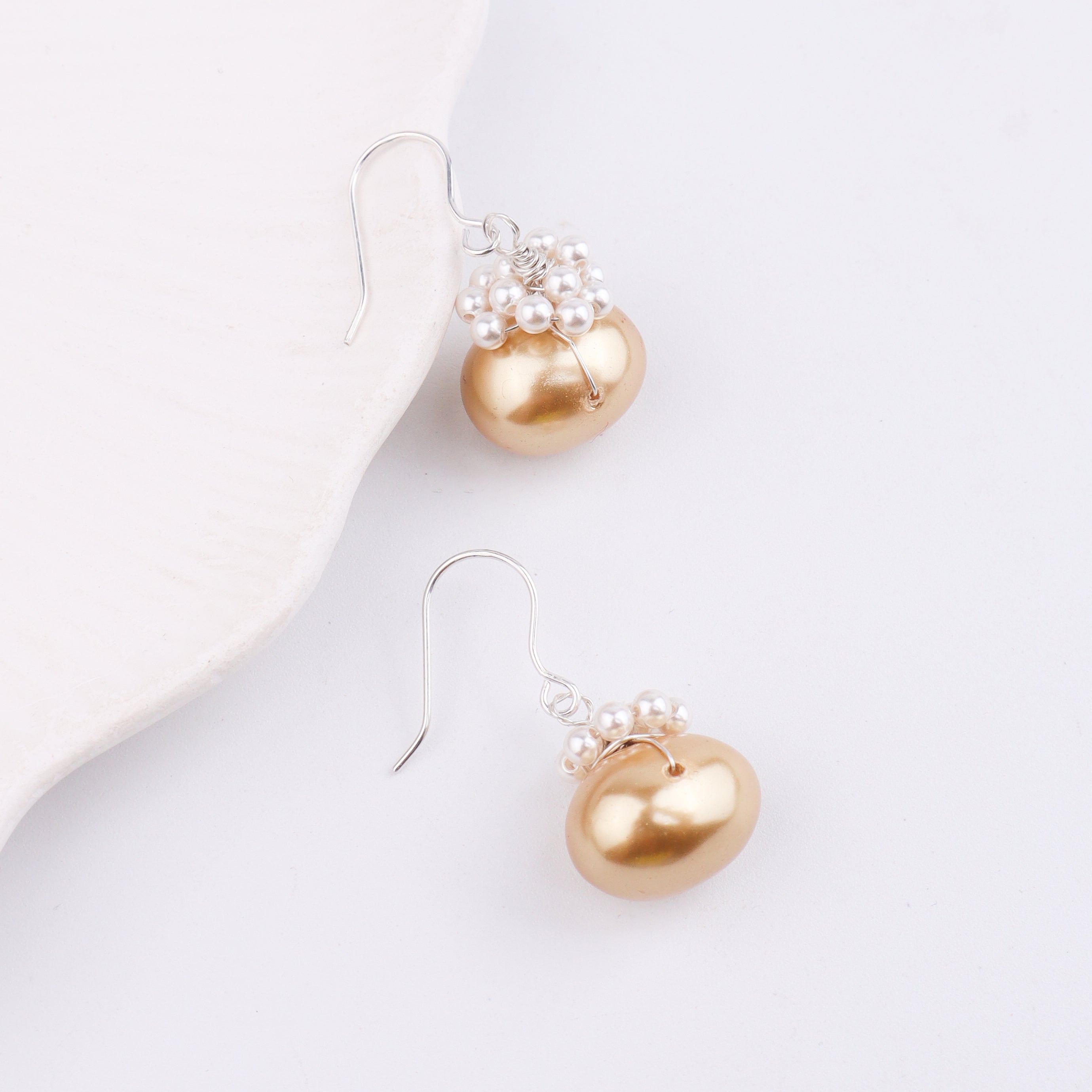 White & Golden Pearls Silver Earrings (Project Handmade)